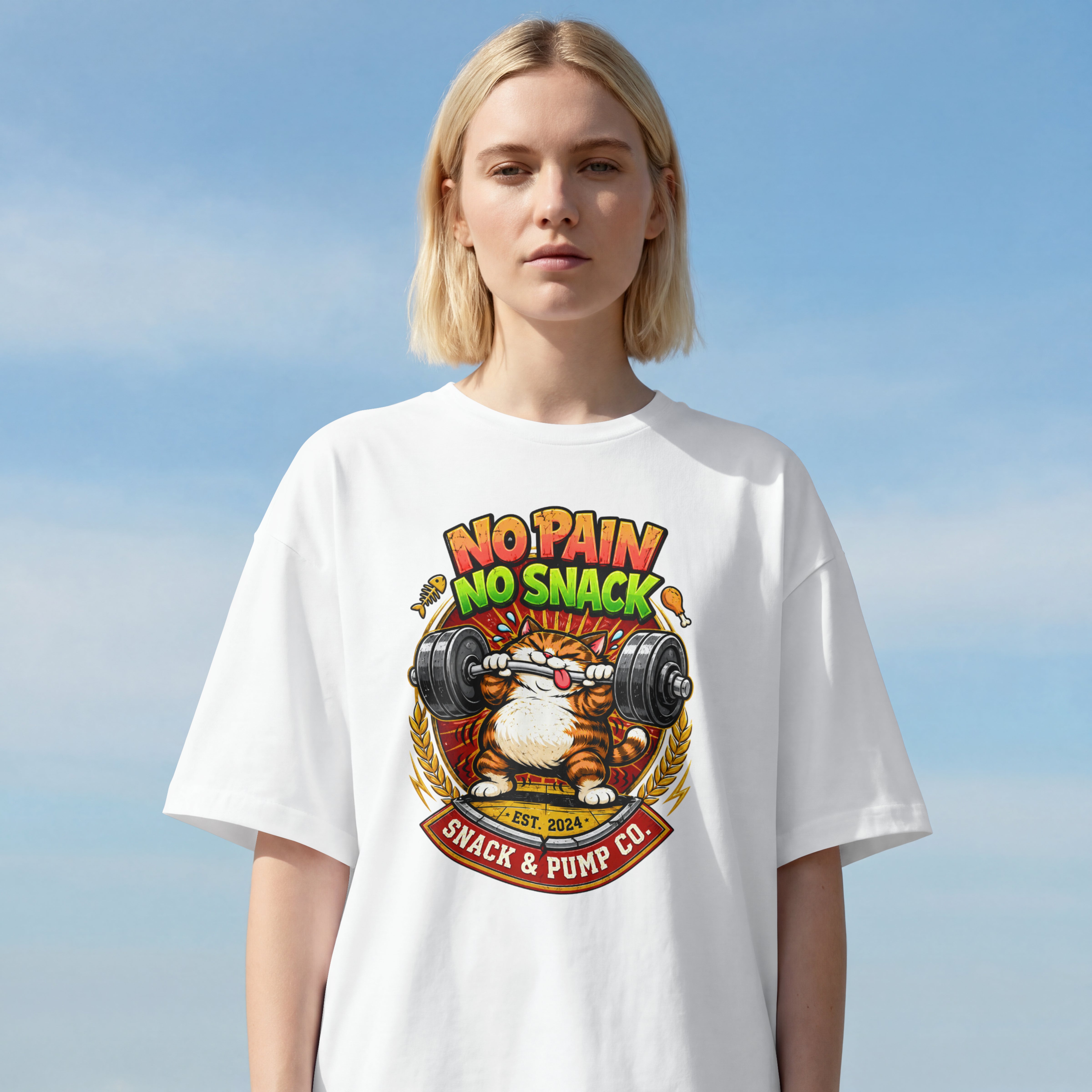 WOMENS FUNNY OERSIZED T SHIRT - NO PAIN NO SNACKS