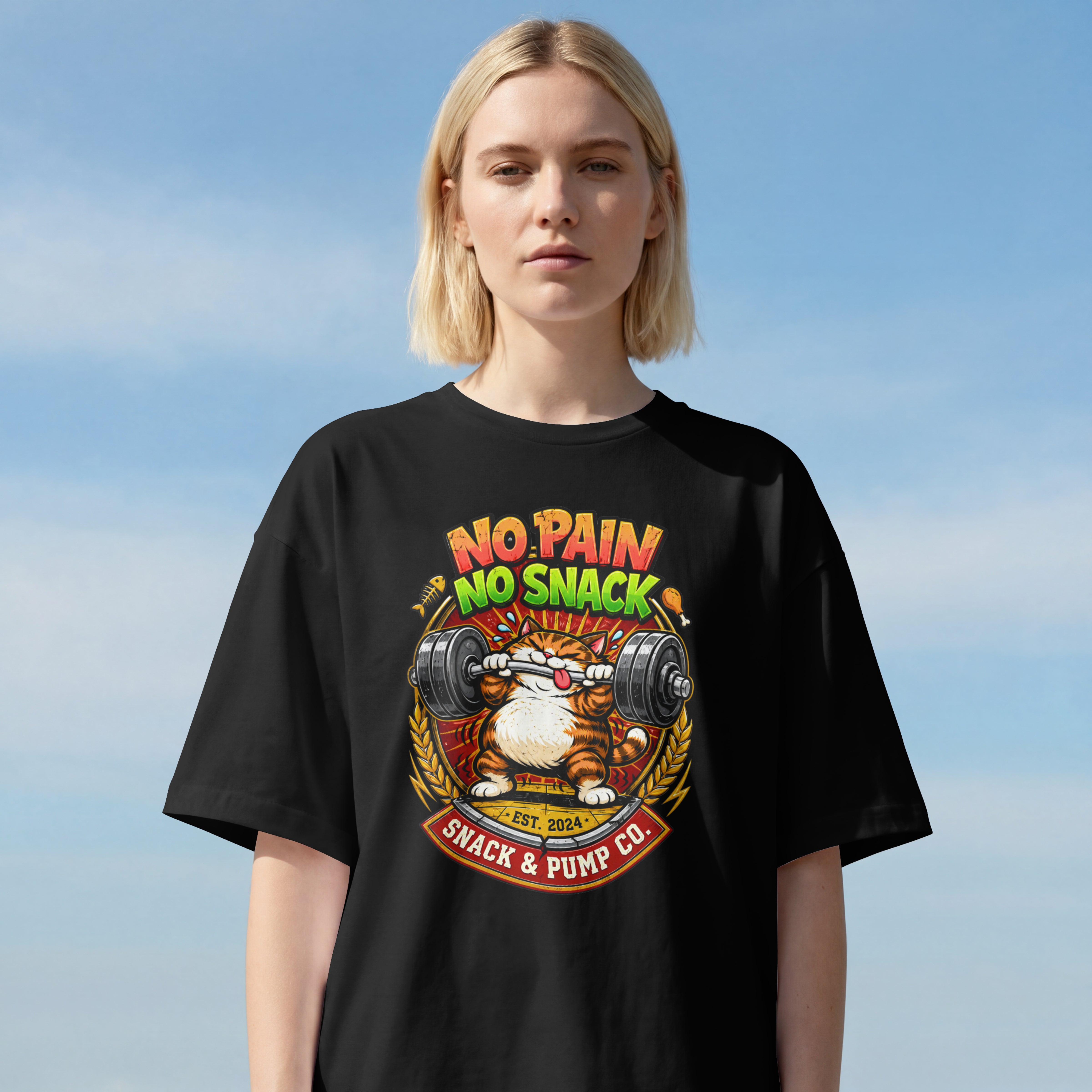 WOMENS FUNNY OERSIZED T SHIRT - NO PAIN NO SNACKS