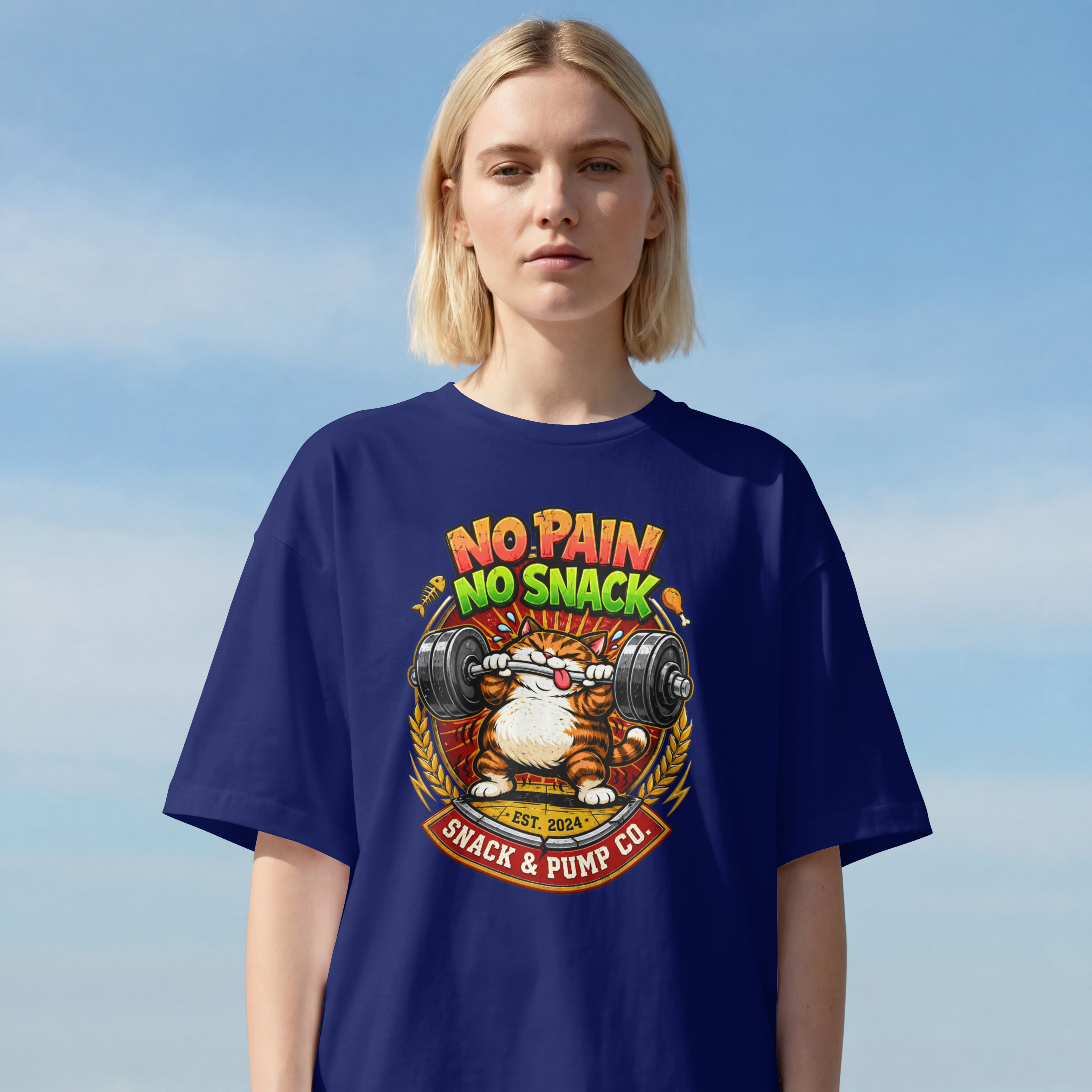 WOMENS FUNNY OERSIZED T SHIRT - NO PAIN NO SNACKS