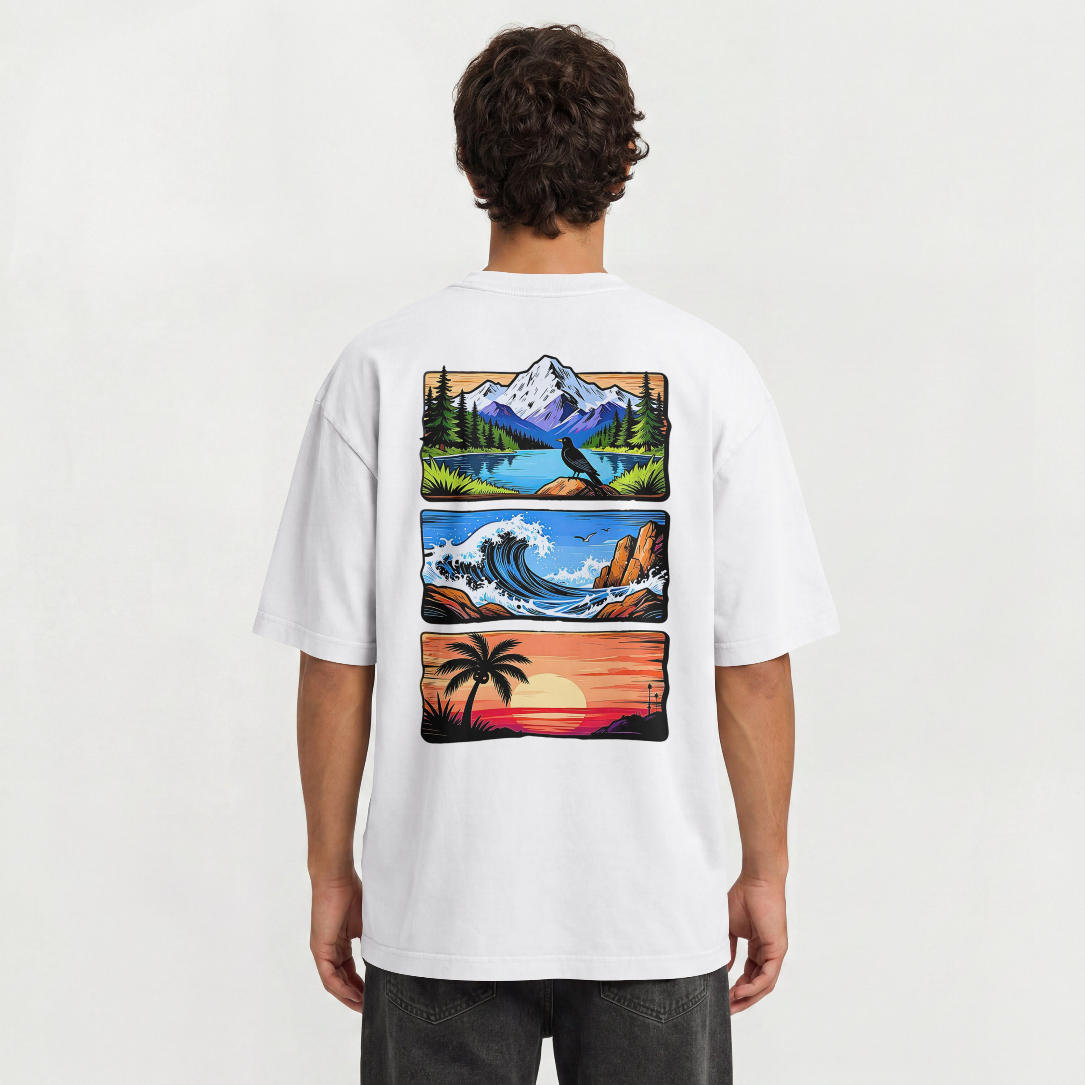 MENS OUTING WEAR OVERSIZED T SHIRT - SUNSET,BEACH,MOUNTAINS