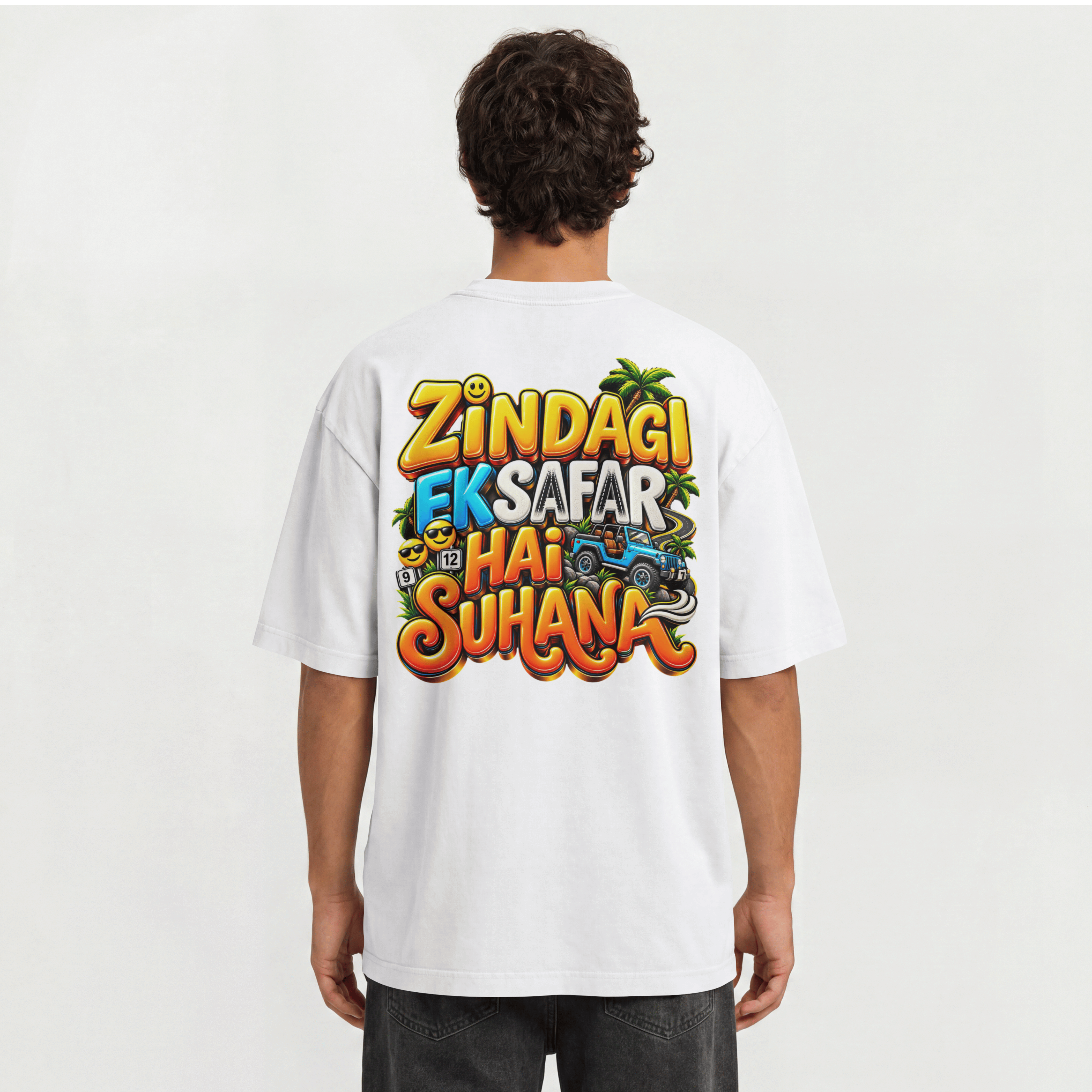 MENS TRENDY HINDI SLOGAN OVERSIZED T SHIRT - ZINDAGI