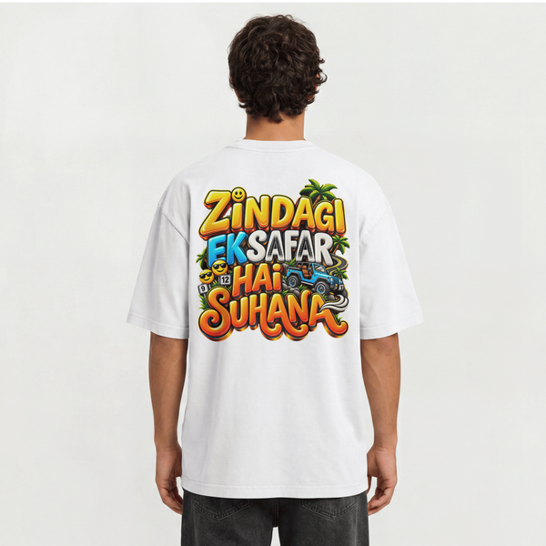 MENS TRENDY HINDI SLOGAN OVERSIZED T SHIRT - ZINDAGI