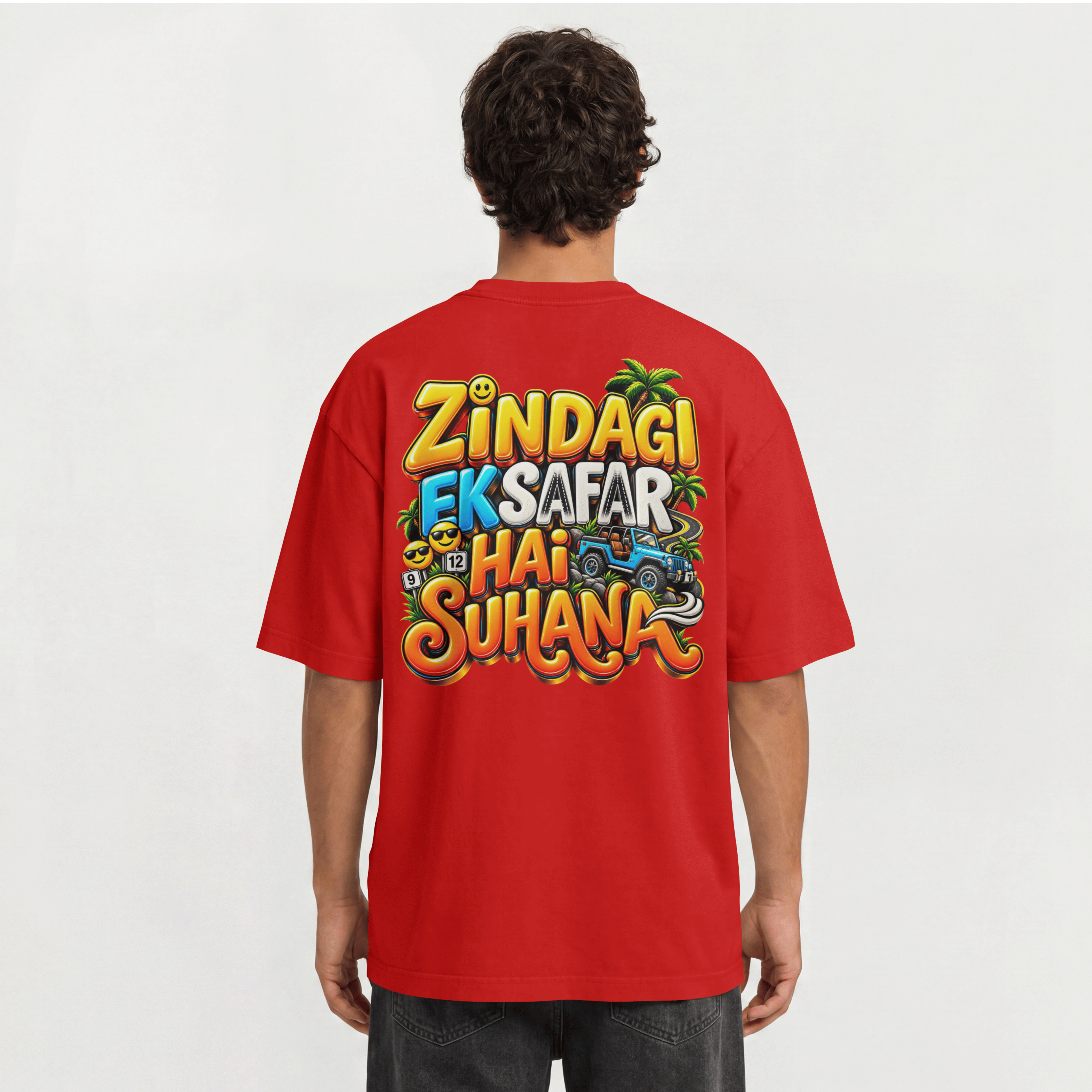 MENS TRENDY HINDI SLOGAN OVERSIZED T SHIRT - ZINDAGI