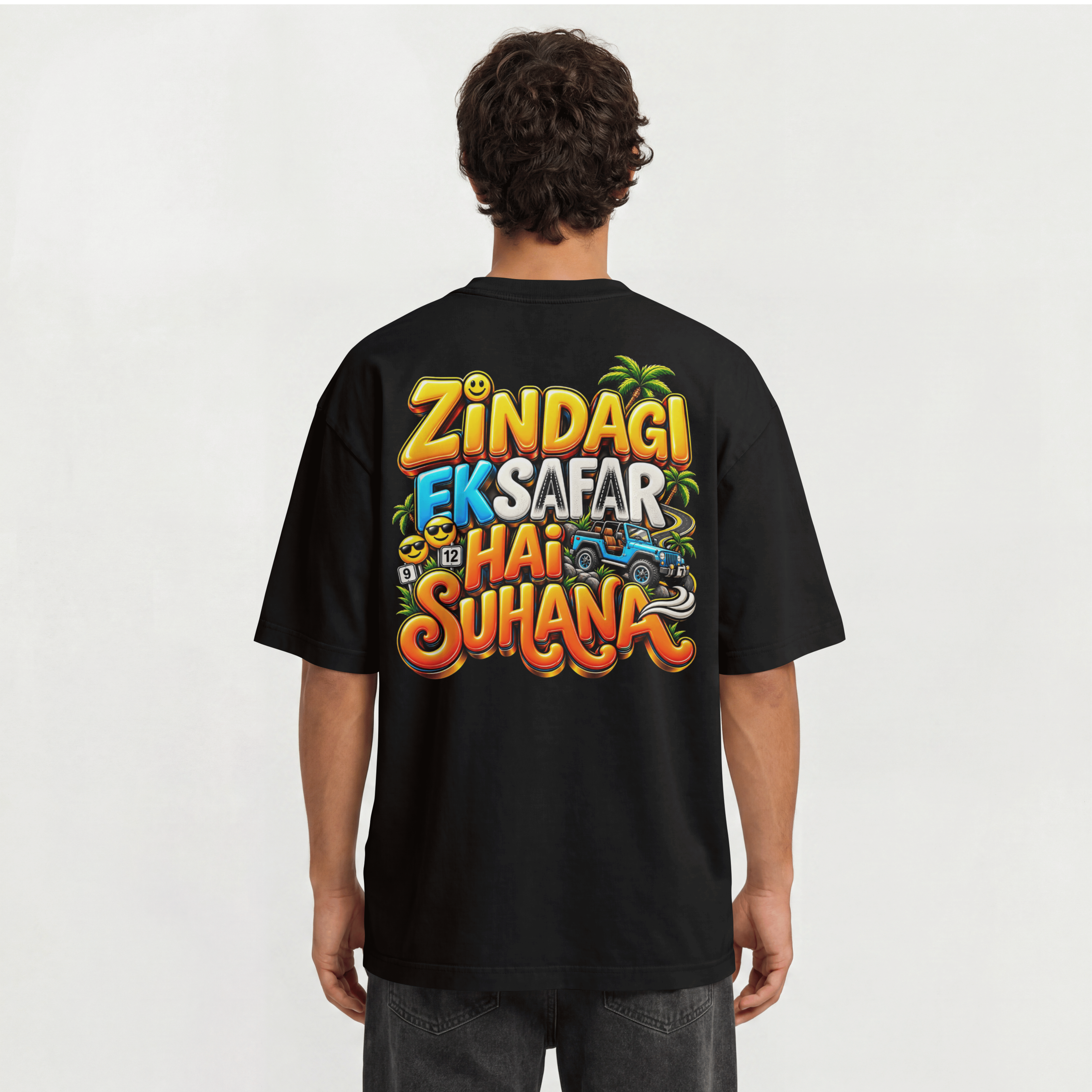 MENS TRENDY HINDI SLOGAN OVERSIZED T SHIRT - ZINDAGI